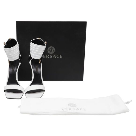 Versace Safety Pin Ankle-Cuff Sandals in White Leather - Picture 7 of 12